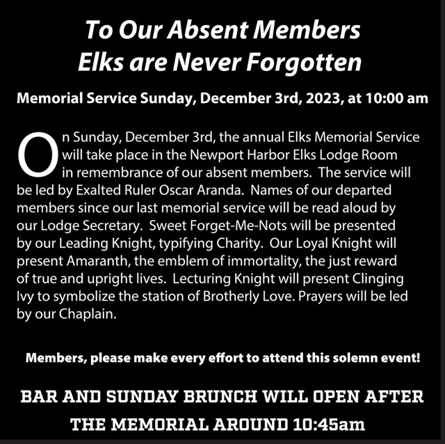 Annual Elks Memorial Service Elks Lodge Newport Beach, CA